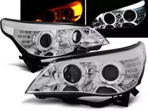 Фари BMW E60 / E61 (03-07) - ангельські очі H7 LED-повороти хром 1